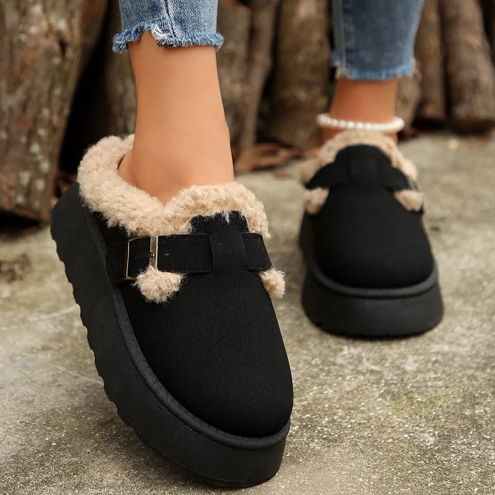Fuzzy Trim Buckle Platform Slippers - Trendsi - Flyclothing LLC