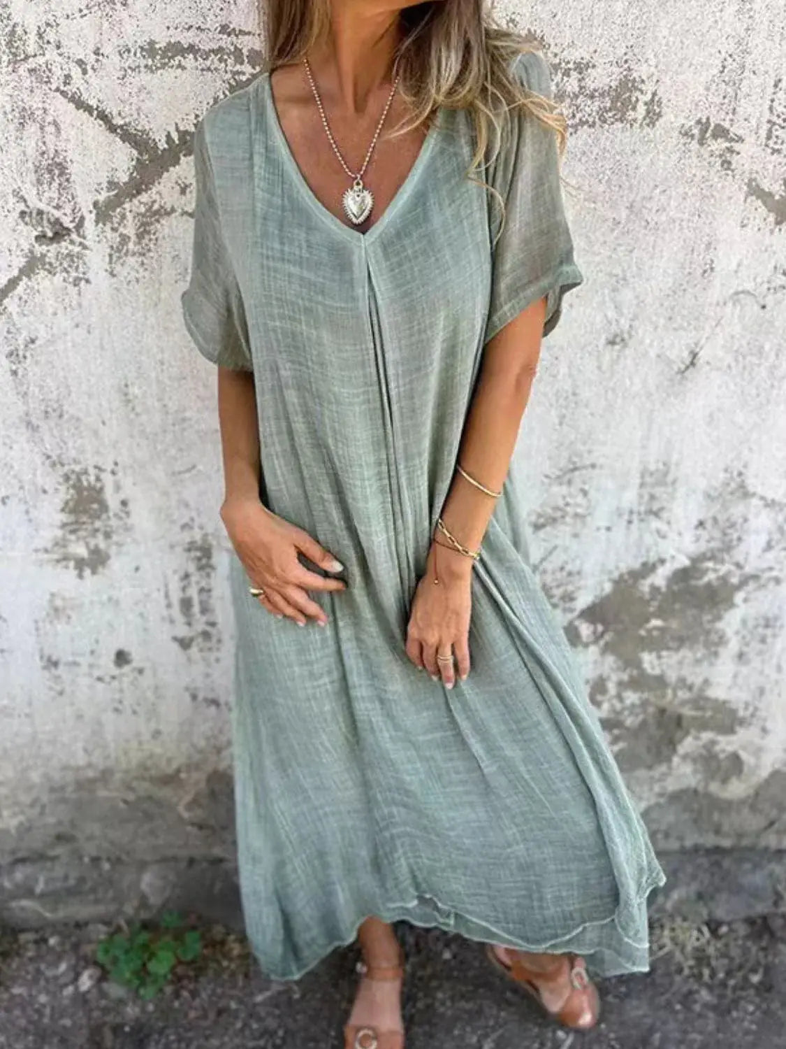 Full Size V-Neck Short Sleeve Midi Dress Plus Size - Trendsi - Flyclothing LLC