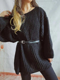 Boat Neck Long Sleeve Sweater with Belt - Trendsi - Flyclothing LLC