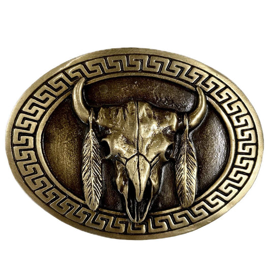 Rockmount Ranch Ware Steer Skull & Feathers Brass Western Belt Buckle - Rockmount Clothing - Flyclothing LLC