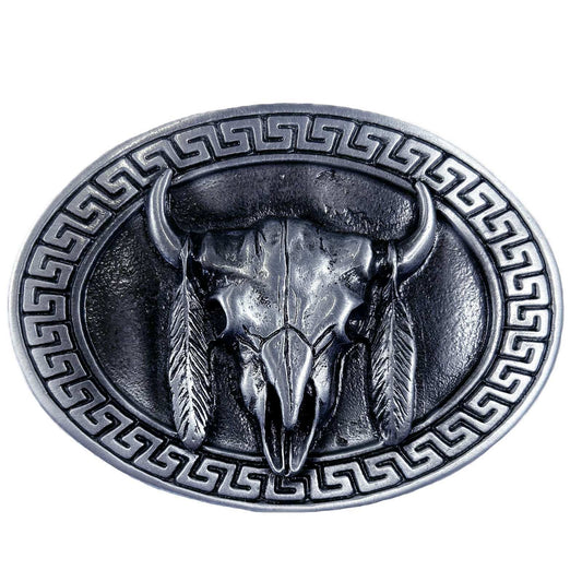 Rockmount Ranch Ware Steer Skull & Feathers Pewter Western Belt Buckle - Rockmount Clothing - Flyclothing LLC