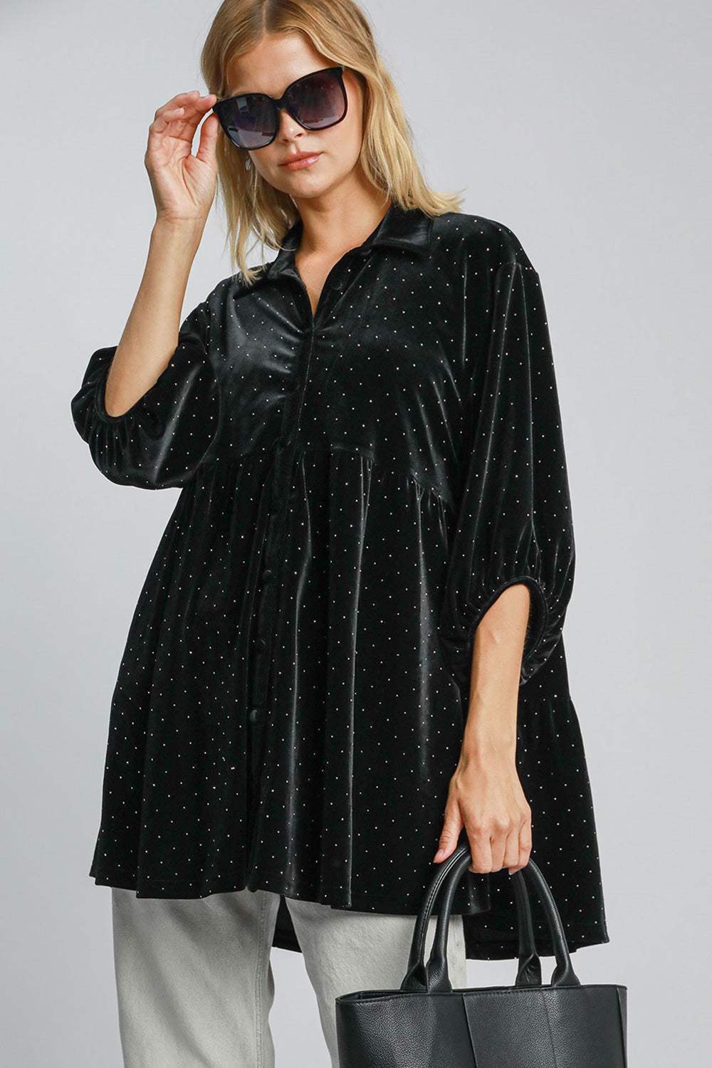 Umgee Full Size Polka Dot Button Up Half Sleeve Shirt - Trendsi - Flyclothing LLC