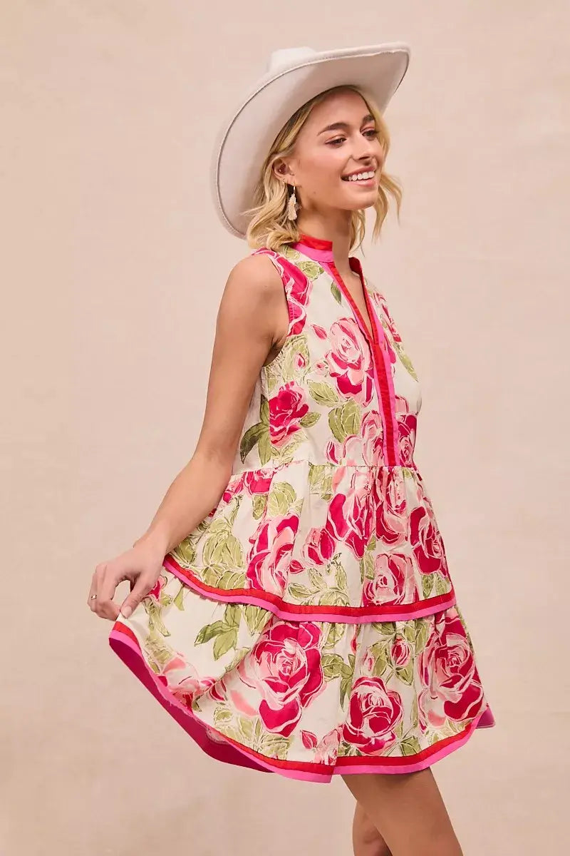 BiBi Floral Woven Contrast Edge Tiered Ruffle Mini Dress - Trendsi - Flyclothing LLC