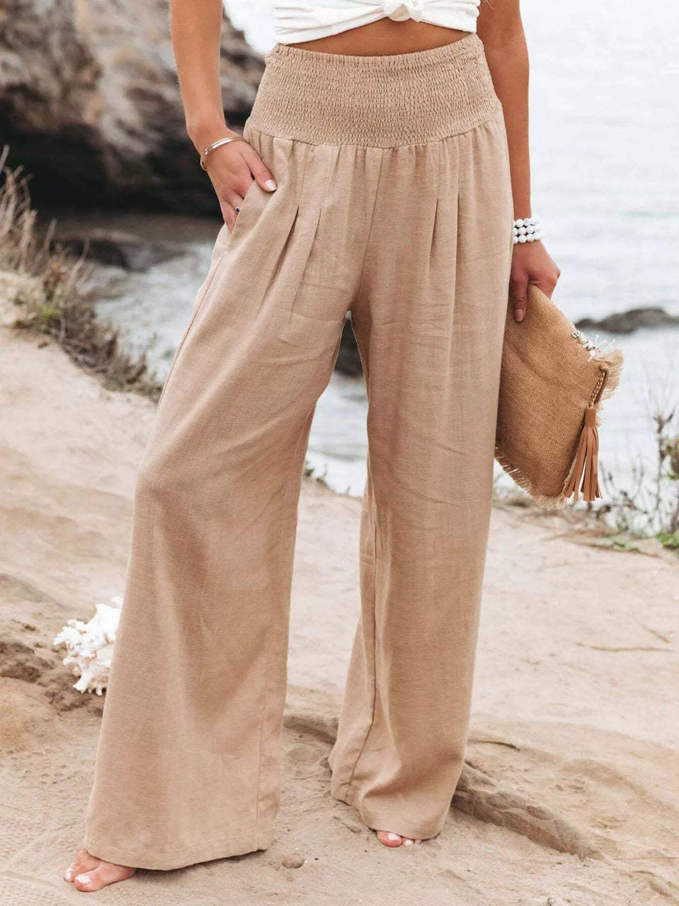 Smocked High Waisted Wide Leg Pants - Trendsi - Flyclothing LLC