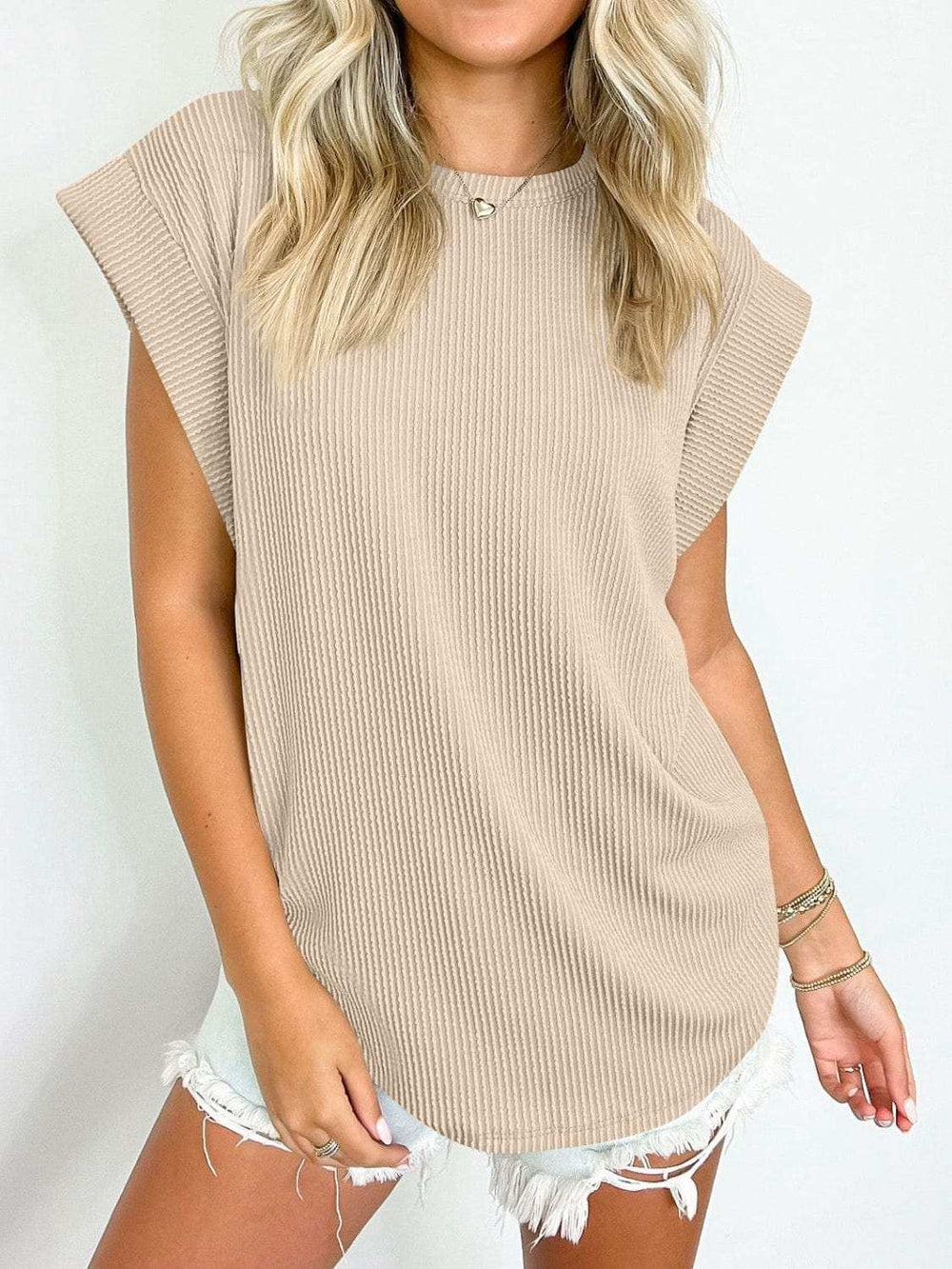 Textured Round Neck Cap Sleeve Blouse - Trendsi - Flyclothing LLC