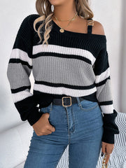 Color Block Asymmetrical Neck Long Sleeve Sweater - Trendsi