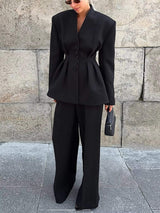 Chic Button Down Pleated Blazer and Wide-Leg Pants Suit Set - Trendsi - Flyclothing LLC
