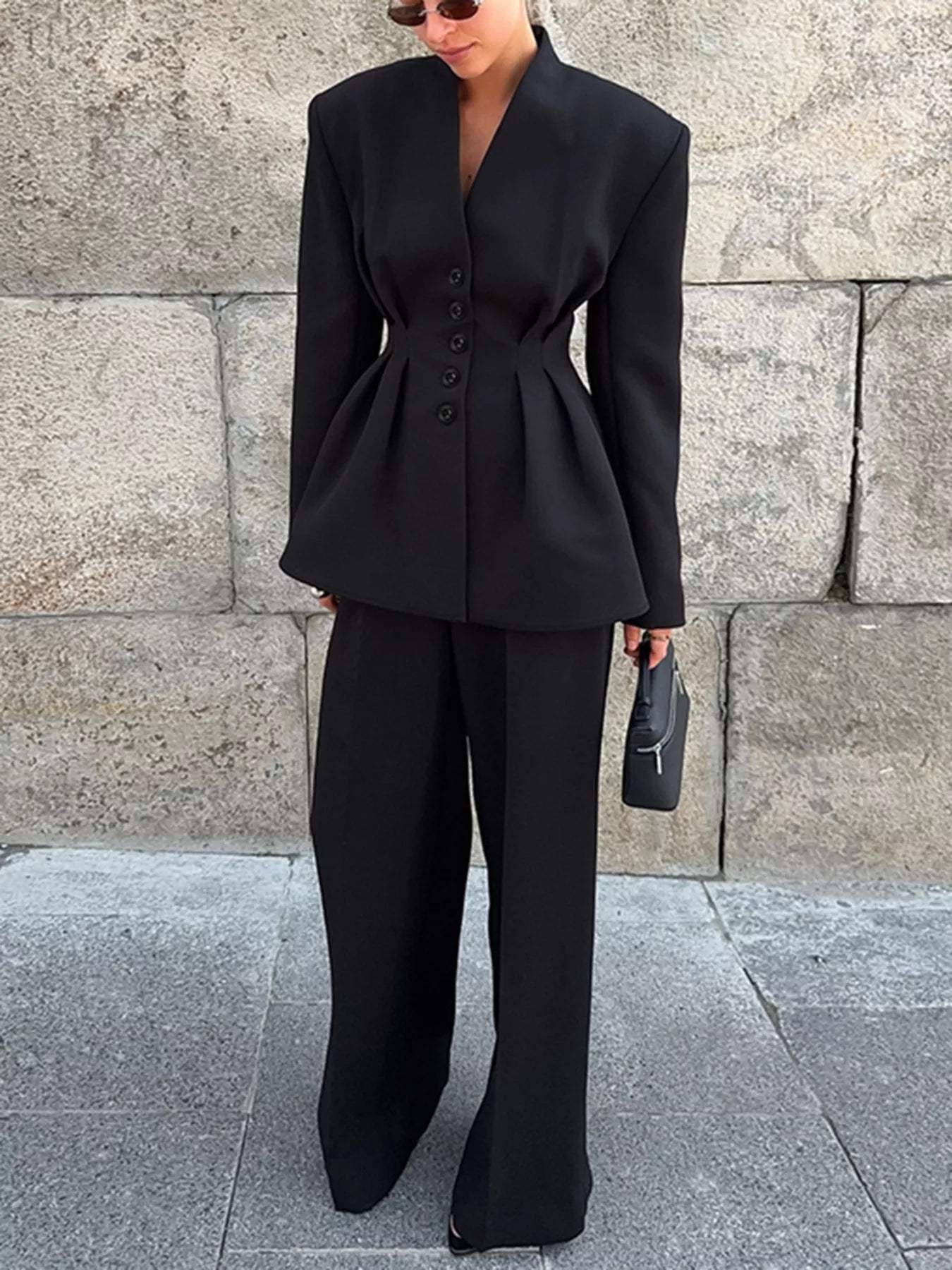 Chic Button Down Pleated Blazer and Wide-Leg Pants Suit Set - Trendsi - Flyclothing LLC