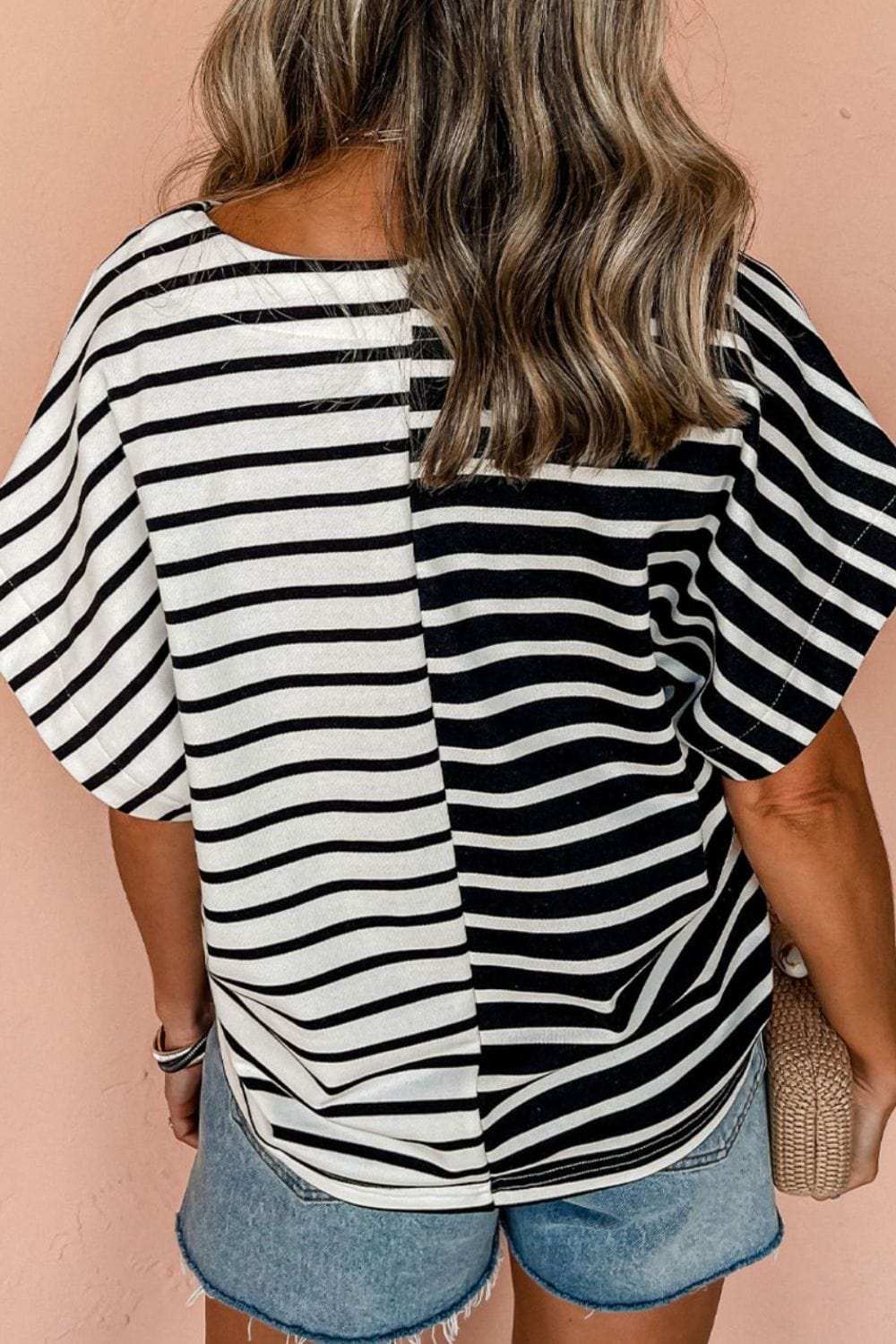 Stripe Two Tone Colorblock V-Neck T-Shirt - Trendsi - Flyclothing LLC