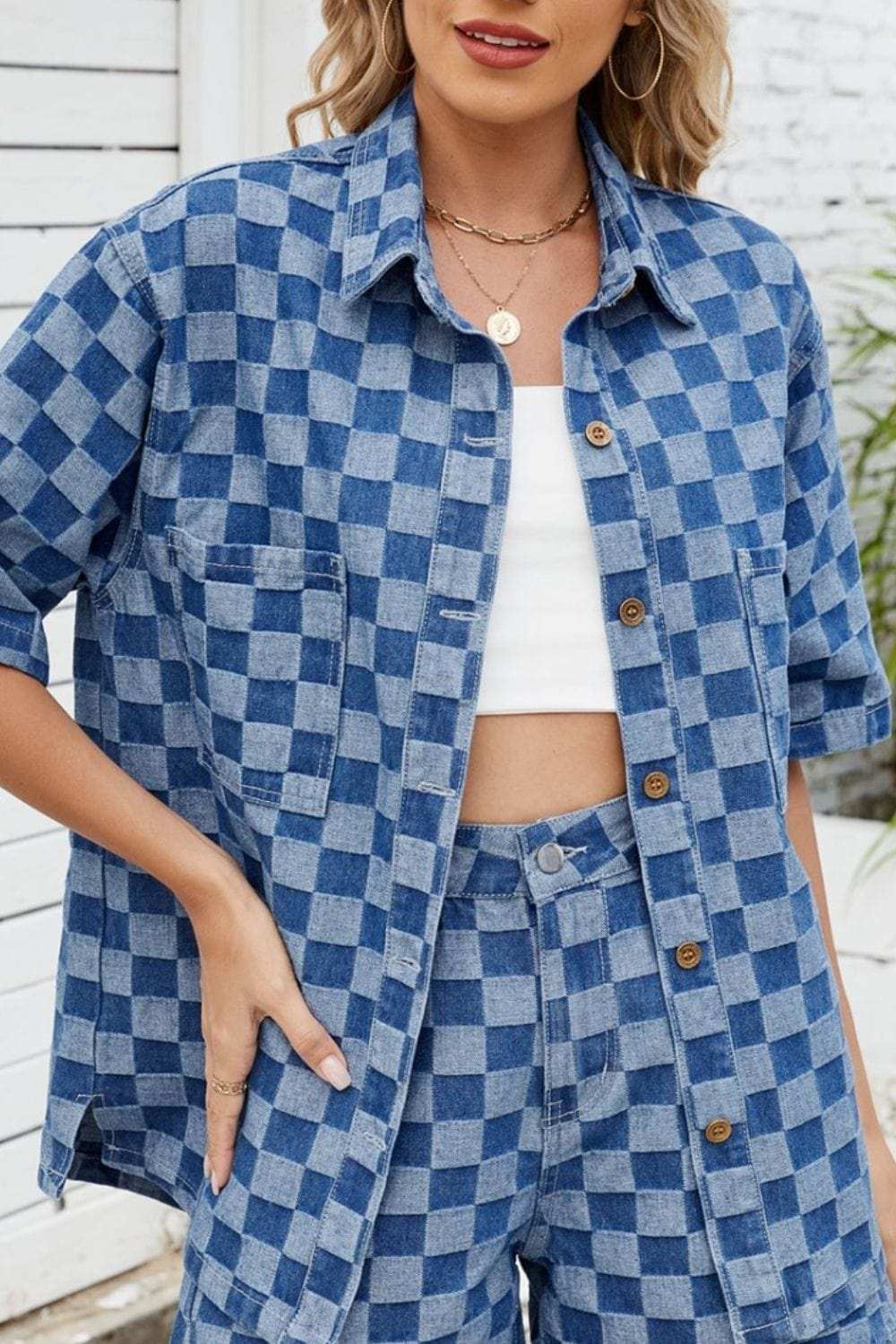 Button Down Checkered Denim Shirt - Trendsi - Flyclothing LLC