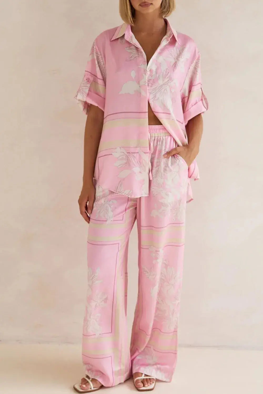 Printed Button Up Shirt and Pants Set - Trendsi - Flyclothing LLC