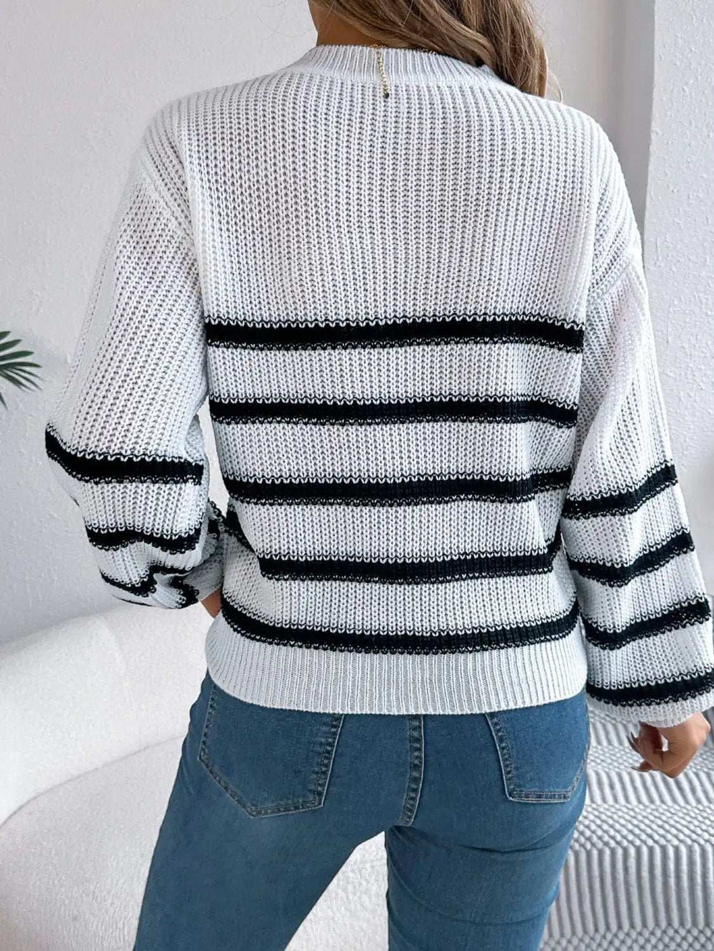 Striped Round Neck Long Sleeve Sweater - Trendsi - Flyclothing LLC