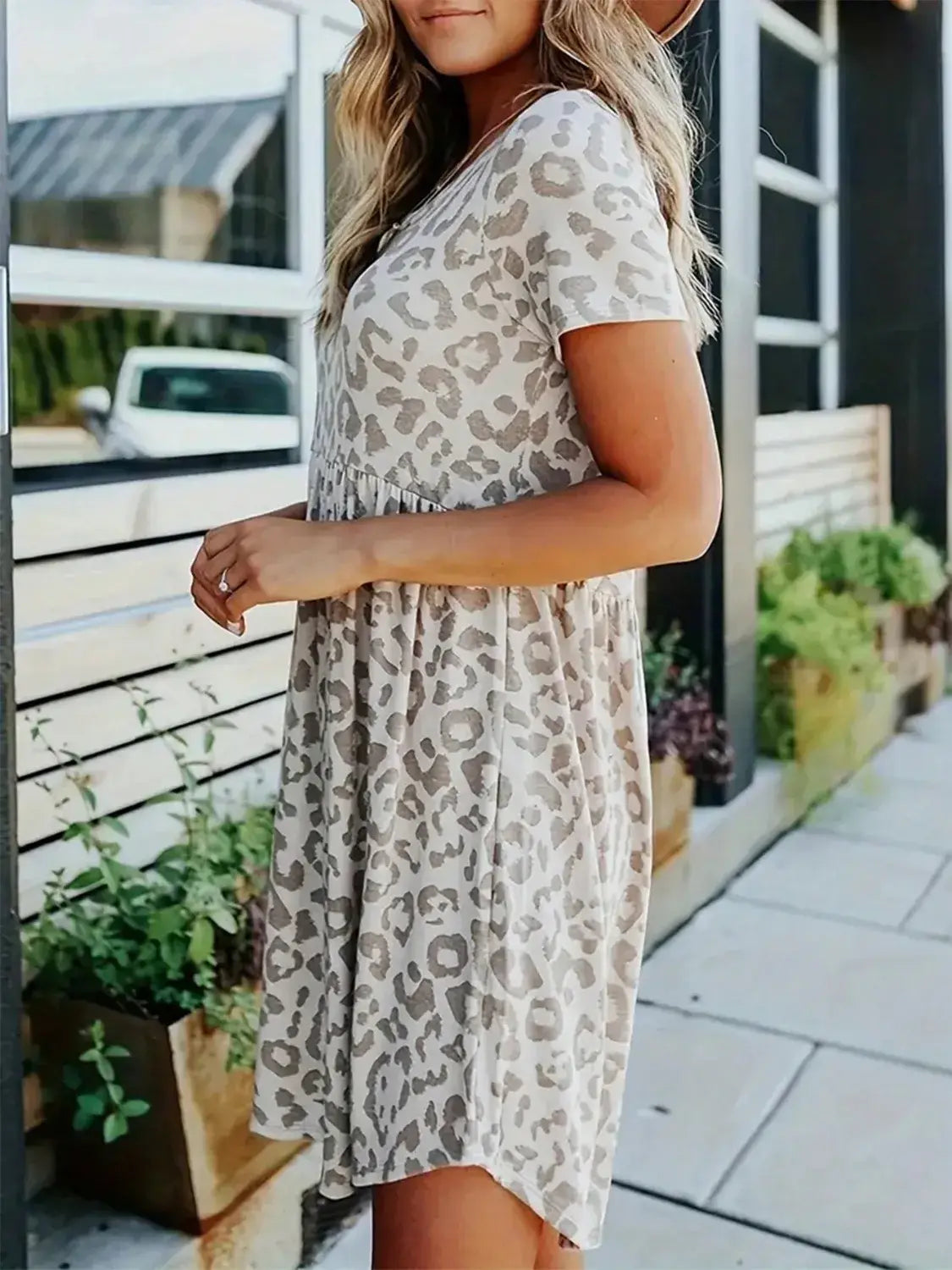 Leopard Round Neck Short Sleeve Mini Tee Dress - Trendsi - Flyclothing LLC