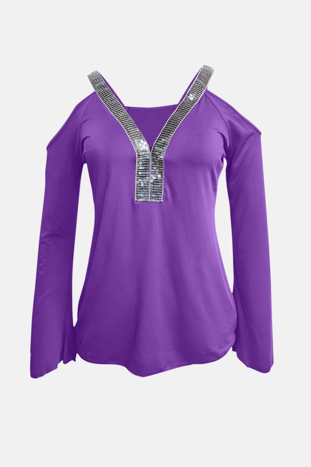 Sequin V-Neck Cold Shoulder Top - Trendsi - Flyclothing LLC