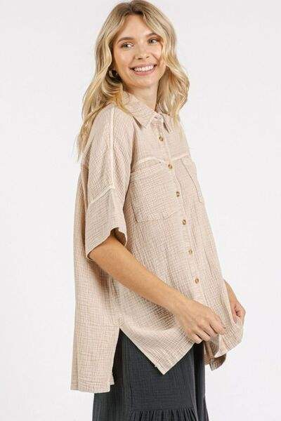 Mittoshop Mineral Wash Gauze Oversized Short Sleeve Shirt - Trendsi - Flyclothing LLC