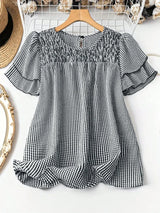 Smocked Plaid Round Neck Layered Short Sleeve Blouse - Trendsi - Flyclothing LLC