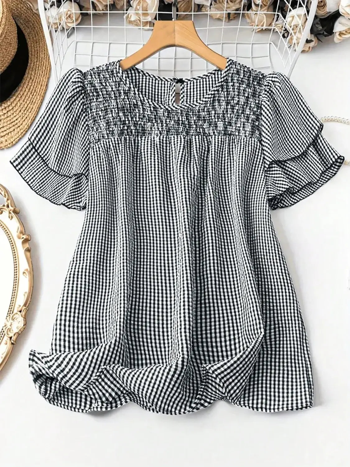 Smocked Plaid Round Neck Layered Short Sleeve Blouse - Trendsi - Flyclothing LLC