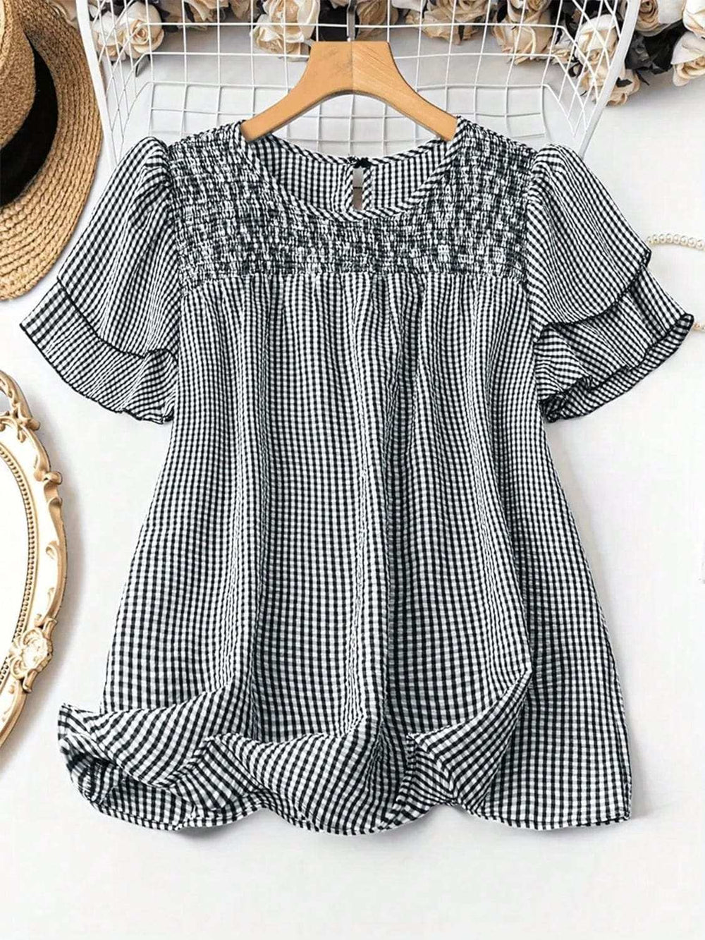Smocked Plaid Round Neck Layered Short Sleeve Blouse - Trendsi - Flyclothing LLC