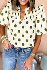 Polka Dot Shirred Yoke Notched Neck Puff Sleeve Blouse - Trendsi - Flyclothing LLC
