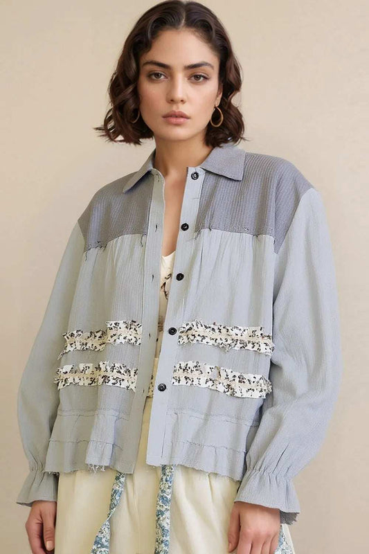 POL Button Down Floral Trim Ruffle Washed Shacket - Trendsi - Flyclothing LLC