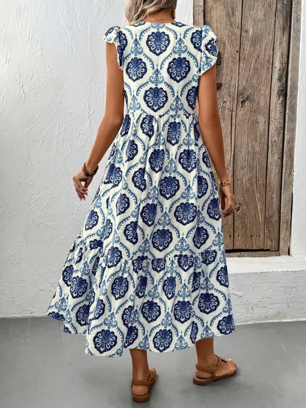 Printed V-Neck Cap Sleeve Dress - Trendsi - Flyclothing LLC
