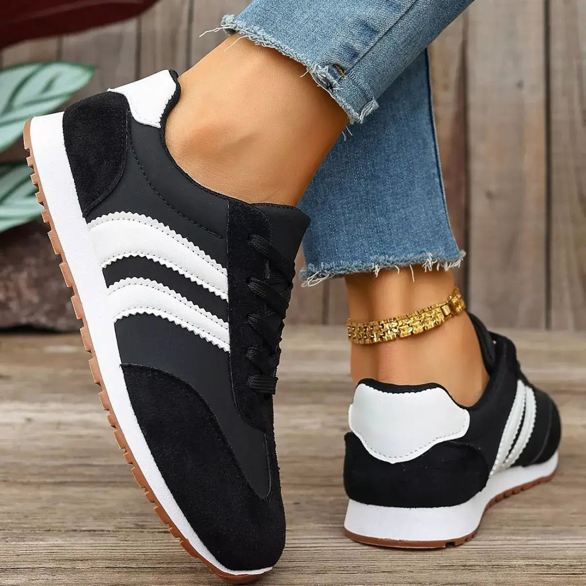 Striped Lace-Up Casual Sneakers - Trendsi - Flyclothing LLC