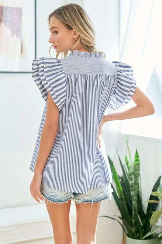 First Love Full Size Striped Flutter Sleeve Blouse - Trendsi - Flyclothing LLC