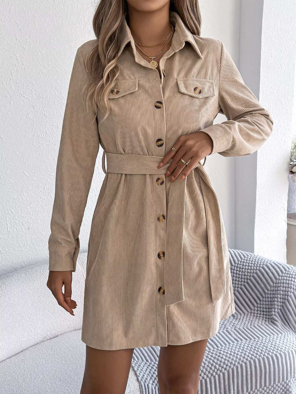 Button-Front Corduroy Shirt Dress - Trendsi - Flyclothing LLC