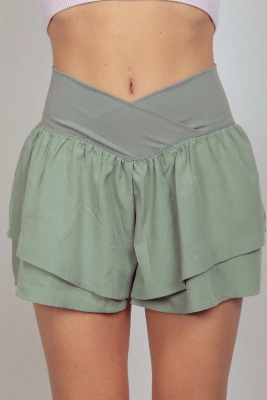 VERY J V-Shaped High Waist Layered Active Shorts - Trendsi - Flyclothing LLC