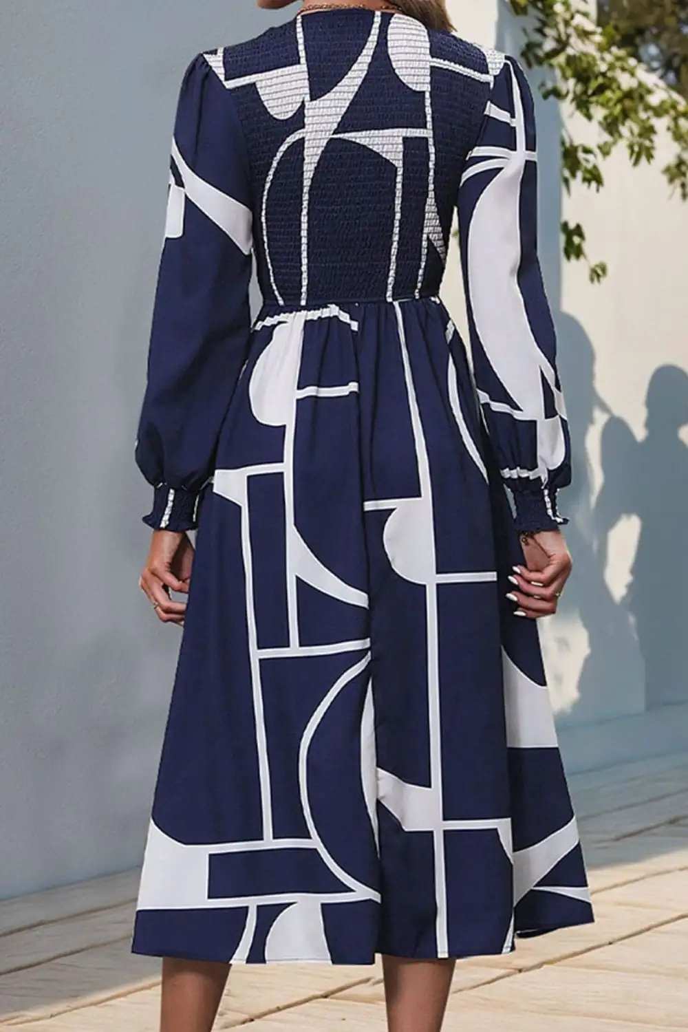 Smocked Color Block Long Sleeve Midi Dress - Trendsi - Flyclothing LLC