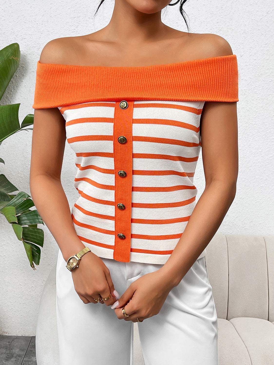 Decorative Button Striped Off-Shoulder Knit Top - Trendsi - Flyclothing LLC