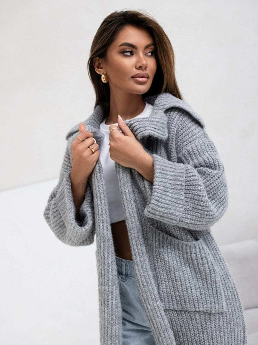 Pocketed Collared Neck Dropped Shoulder Cardigan - Trendsi - Flyclothing LLC