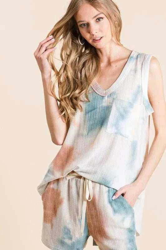 BiBi Tie Dye Textured Knit Top and Shorts Set - Trendsi - Flyclothing LLC