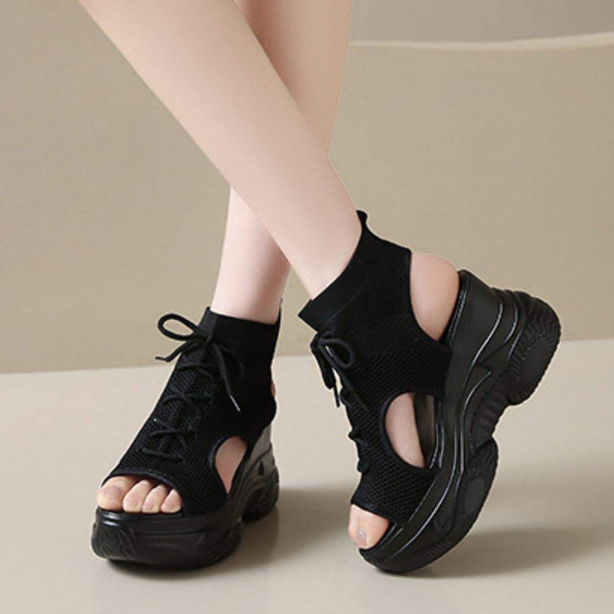 Cutout Mesh Wedge Sandals - Trendsi - Flyclothing LLC