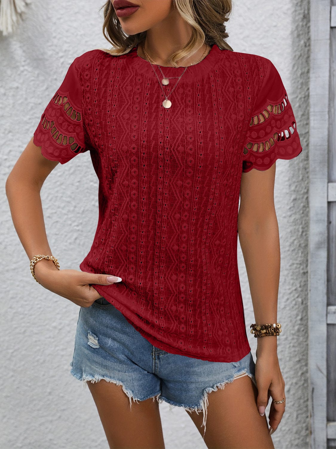 Full Size Eyelet Round Neck Short Sleeve Top - Trendsi