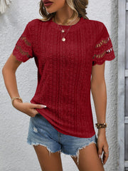 Full Size Eyelet Round Neck Short Sleeve Top - Trendsi