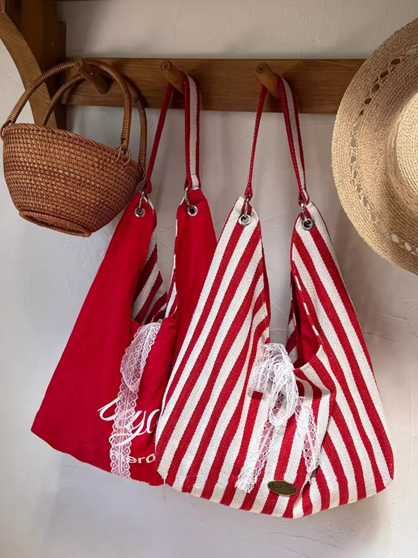 Striped Canvas Tote Bag - Trendsi - Flyclothing LLC