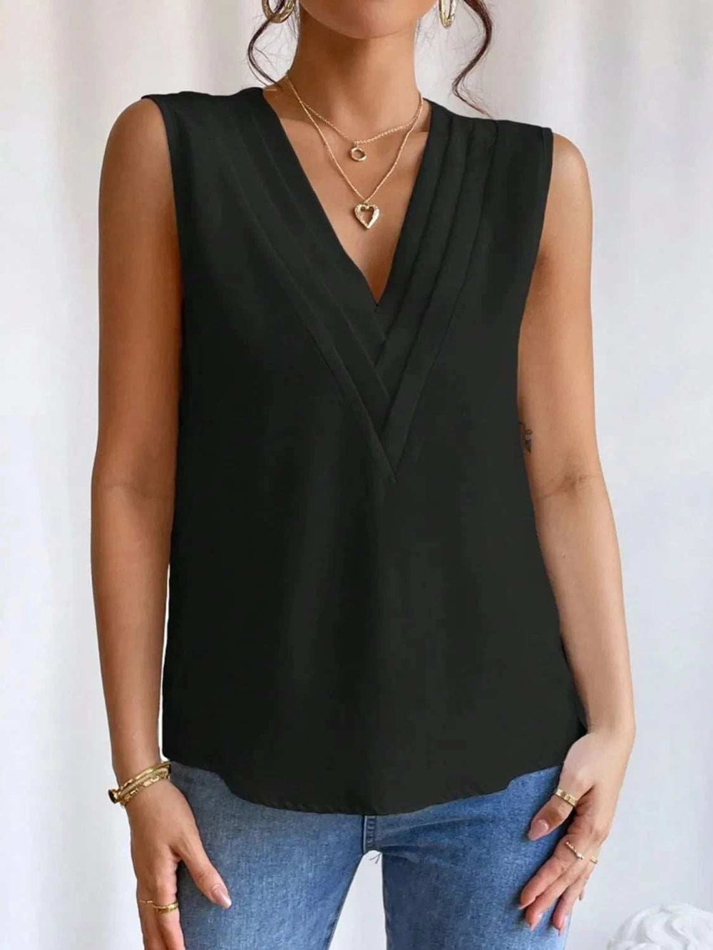 V-Neck Pleated Sleeveless Cami Tank Top - Trendsi - Flyclothing LLC