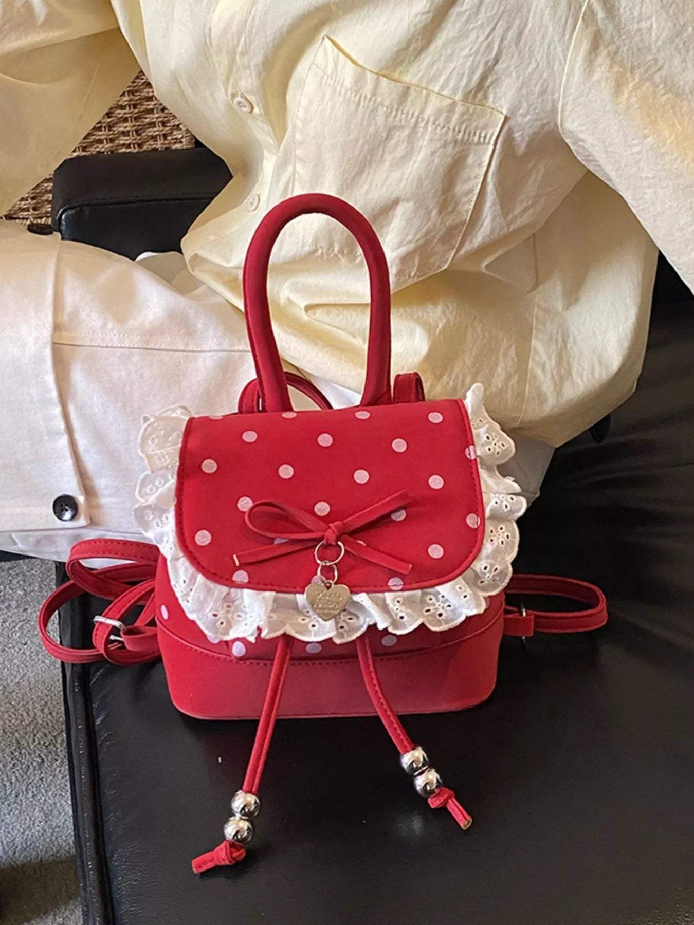 Polka Dot Lace Trim Backpack Bag - Trendsi - Flyclothing LLC