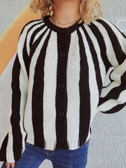 Contrast Stripes Button Down Long Sleeve Cardigan - Trendsi