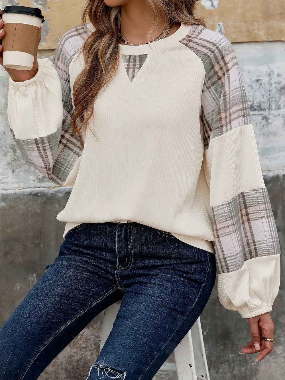 Perfee Plaid Round Neck Long Sleeve Sweatshirt - Trendsi