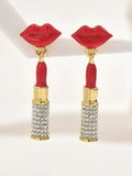 Stainless Steel Resin Lips Lipstick Rhinestone Earrings - Trendsi