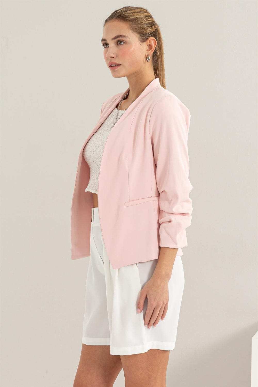 HYFVE Open Front Ruched Sleeve Blazer - Trendsi - Flyclothing LLC