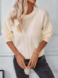 Openwork Cable-Knit Round Neck Long Sleeve Sweater - Trendsi