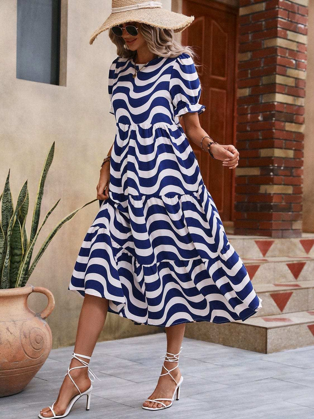 Wavy Striped Round Neck Short Sleeve Dress - Trendsi - Flyclothing LLC