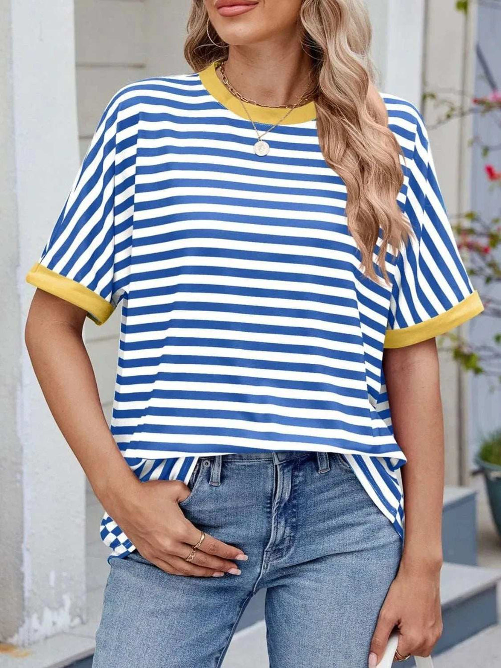 Striped Round Neck Half Sleeve T-Shirt - Trendsi - Flyclothing LLC