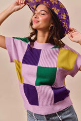 SO ME Mardi Gras Check Plaid Casual Sweater Top - Trendsi - Flyclothing LLC
