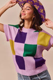 SO ME Mardi Gras Check Plaid Casual Sweater Top - Trendsi - Flyclothing LLC