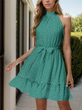 Frill Grecian Neck Tie Waist Mini Dress - Trendsi - Flyclothing LLC