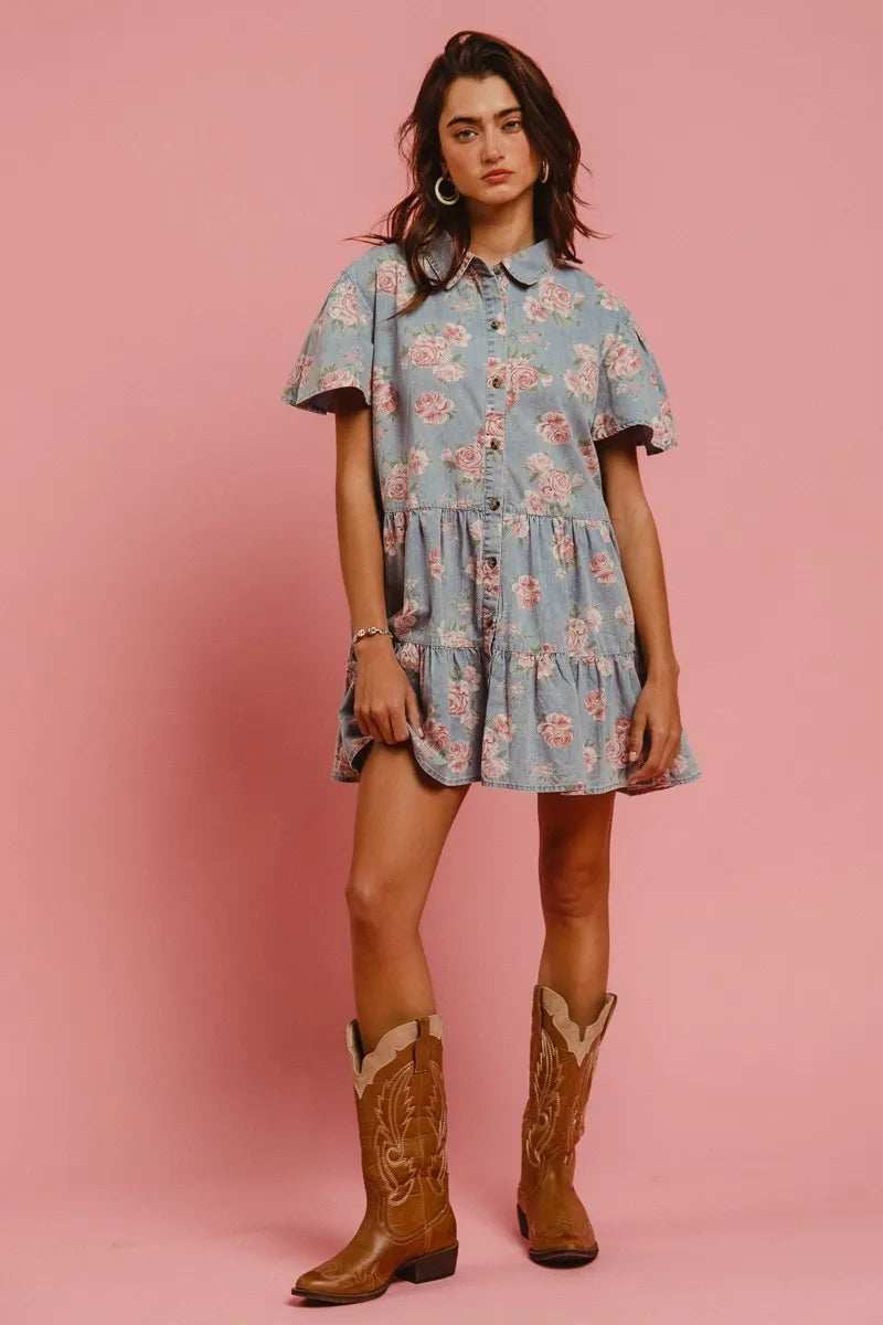 BiBi Floral Print Washed Lightweight Tiered Shirt Dress - Trendsi - Flyclothing LLC